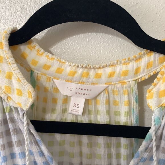 LC Lauren Conrad Gingham Cottagecore Springtime Easter Colorful Tassel Blouse XS - Picture 11 of 12
